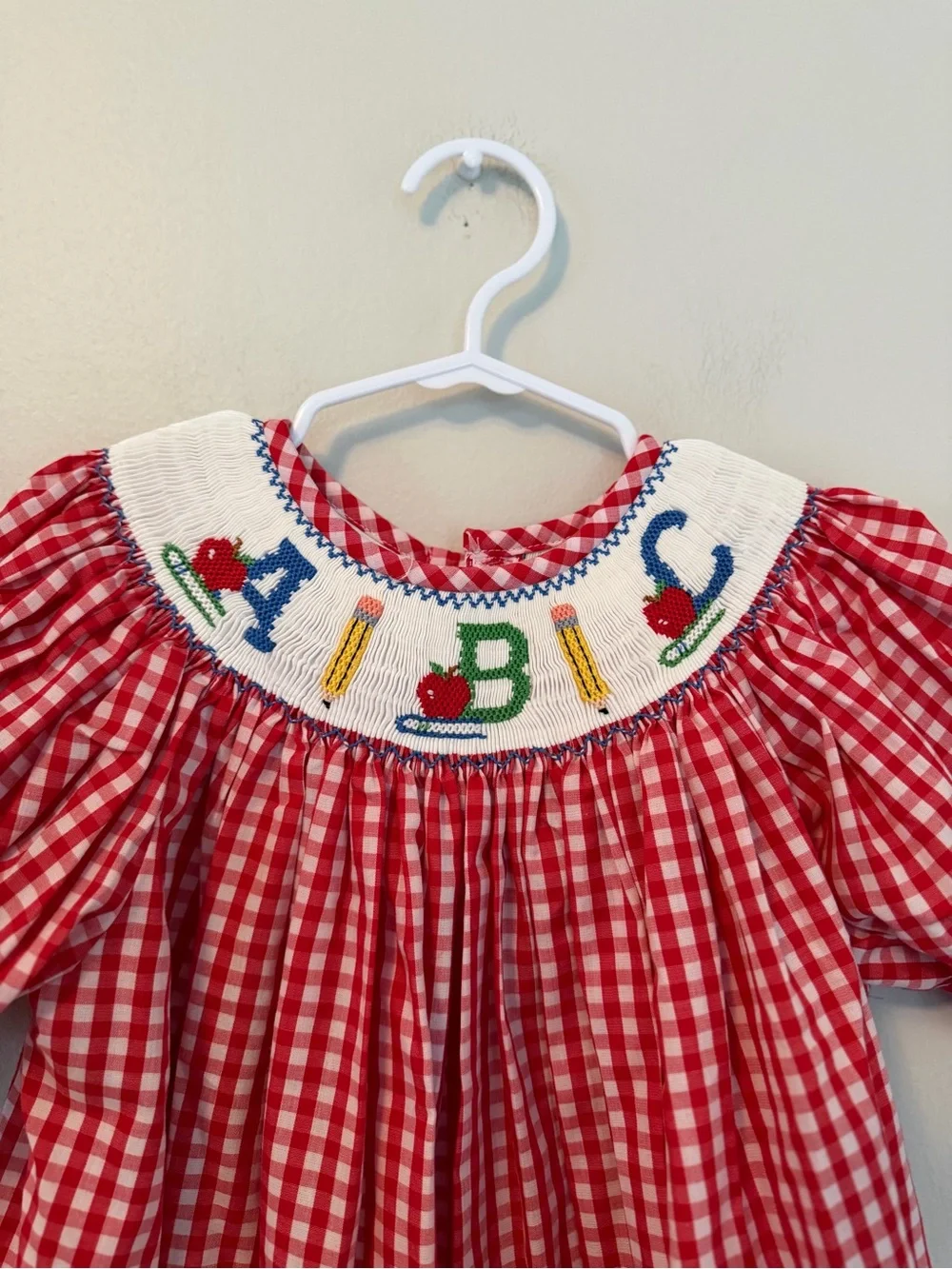 Silly Goose Red Gingham Smocked ABC school Dress